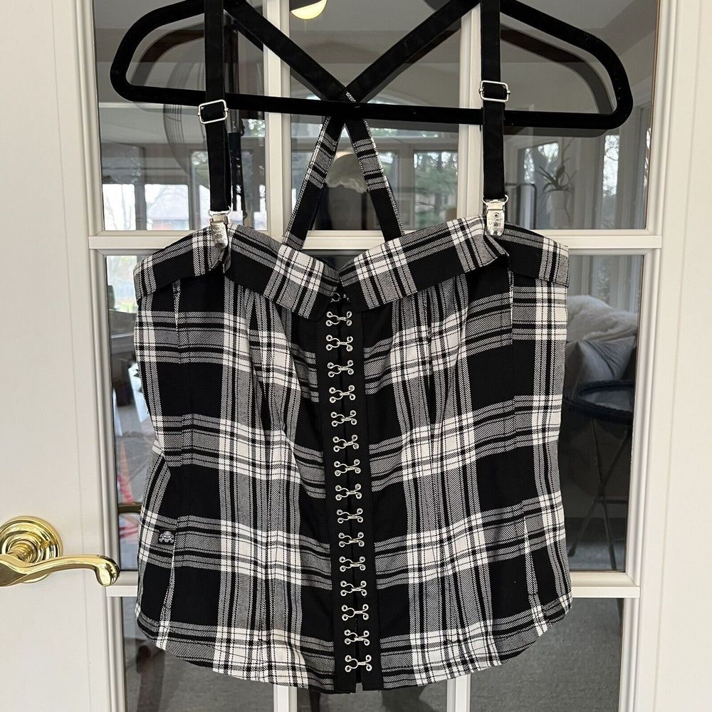Tripp NYC Soft Corset Sz Large Black White Plaid Top Grunge Steampunk Rock Goth